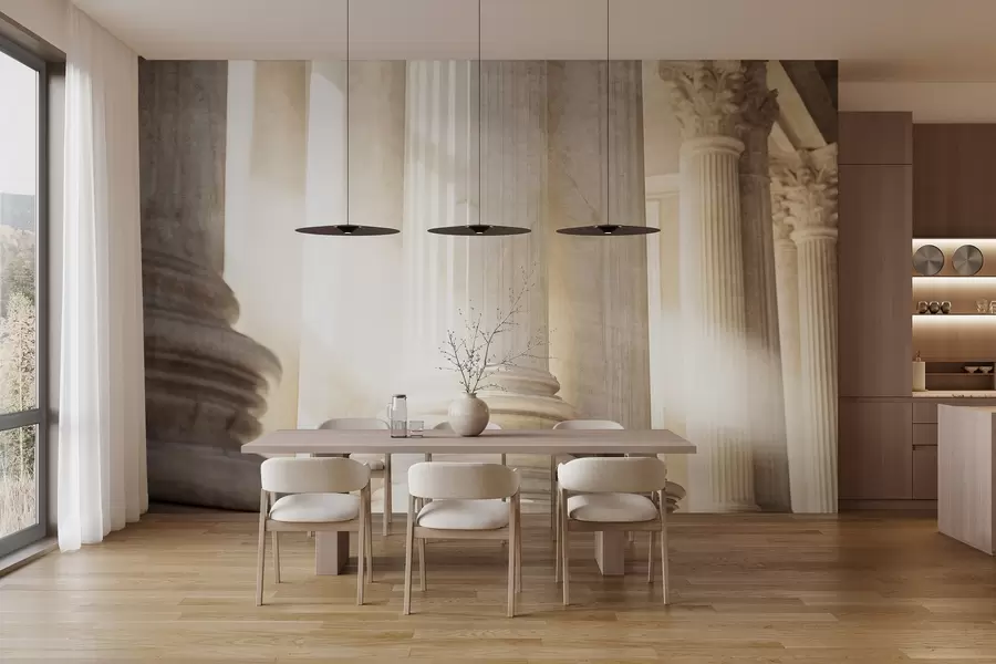 wall murals Columns, classic architecture, elegant design, textured symmetrical composition, neutral color palette w09209