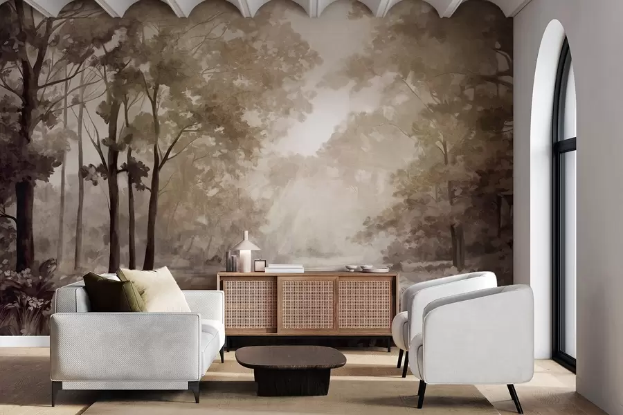 wall murals Textured forest landscape, trees with beige and brown leaves, pastel color palette w09210
