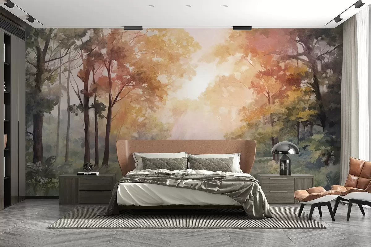 wall murals Textured forest landscape, trees with orange and green leaves, pastel color palette w09210v1