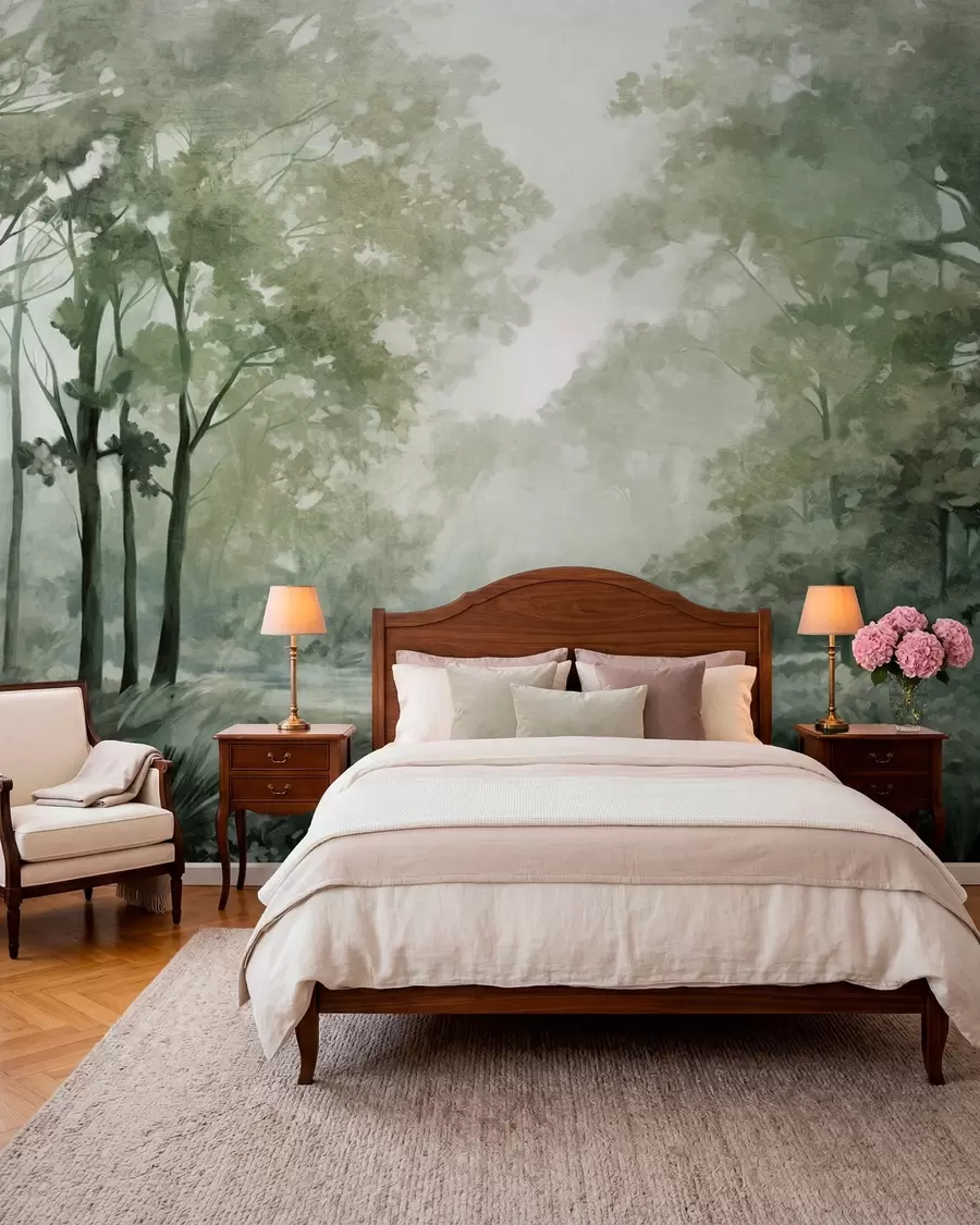 wall murals Textured forest landscape, trees with  green leaves, pastel color palette w09210v2