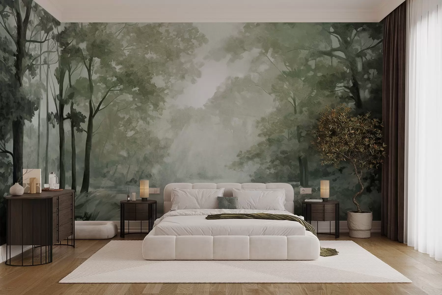 wall murals Textured forest landscape, trees with  green leaves, pastel color palette w09210v2