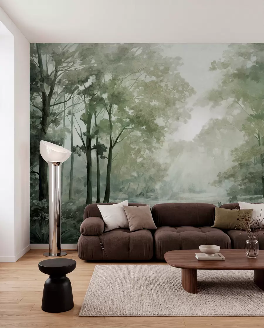 wall murals Textured forest landscape, trees with  green leaves, pastel color palette w09210v2
