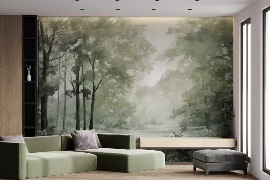 wall murals Textured forest landscape, trees with  green leaves, pastel color palette w09210v2