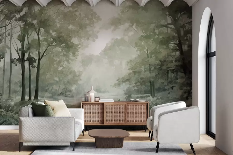 wall murals Textured forest landscape, trees with  green leaves, pastel color palette w09210v2