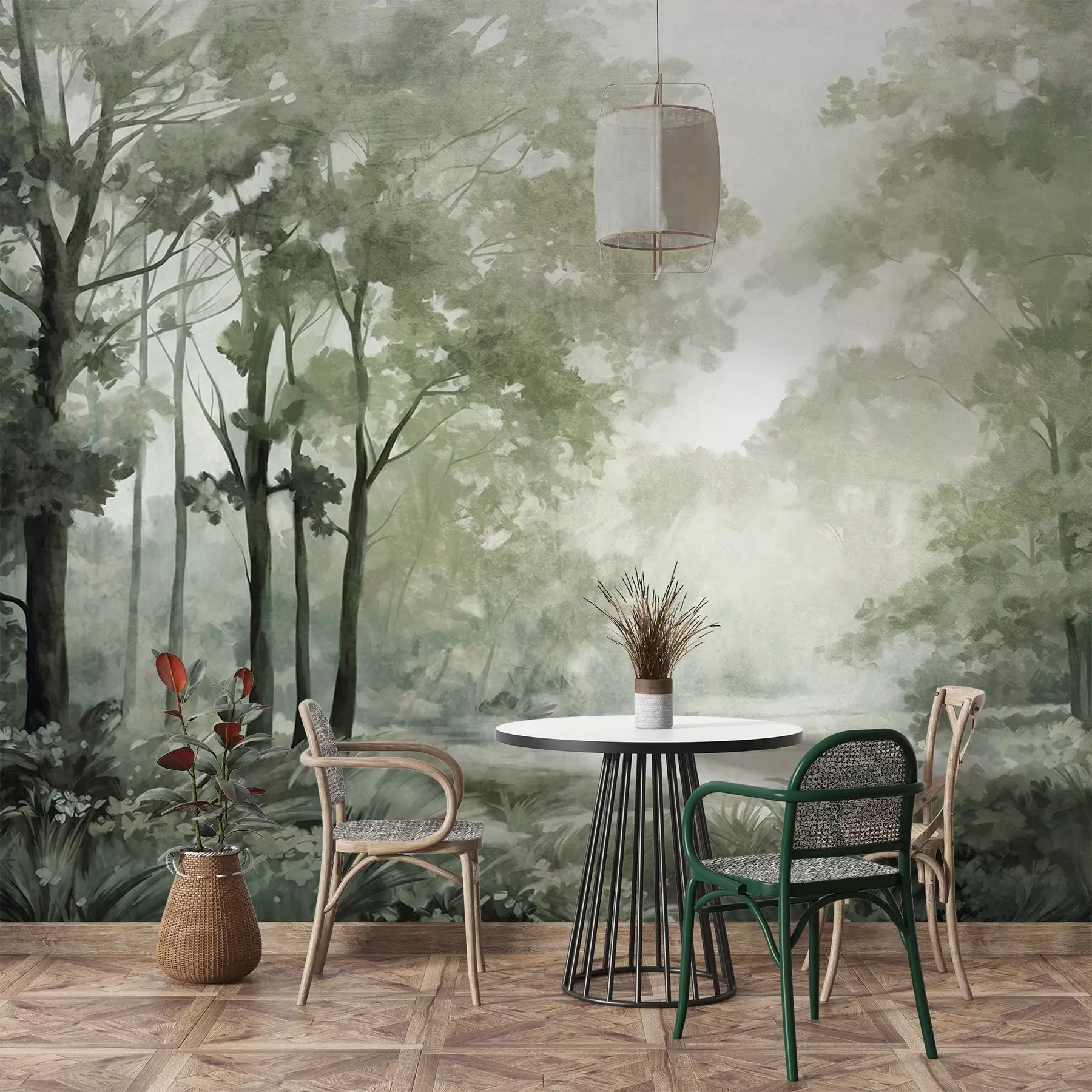 wall murals Textured forest landscape, trees with  green leaves, pastel color palette w09210v2