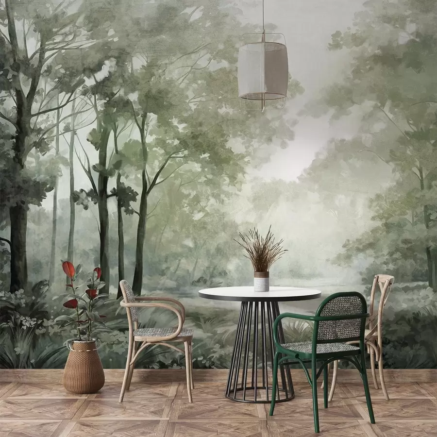 wall murals Textured forest landscape, trees with  green leaves, pastel color palette w09210v2