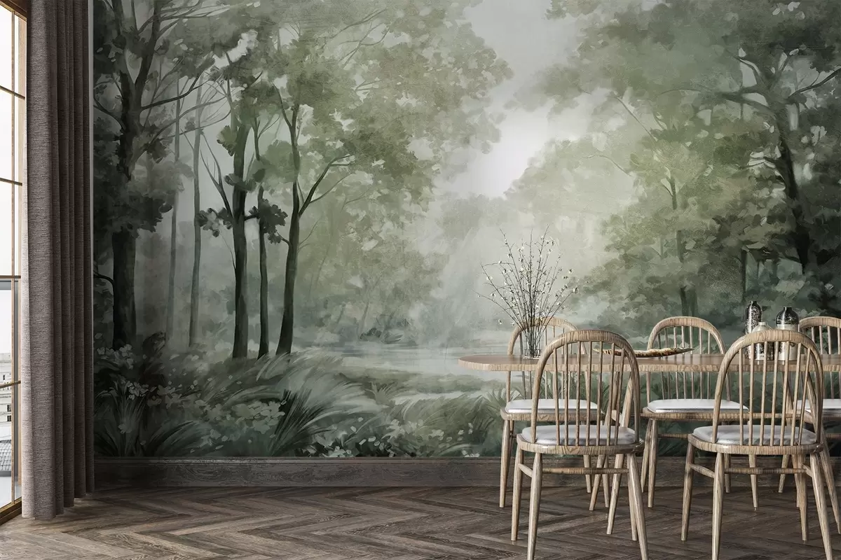 wall murals Textured forest landscape, trees with  green leaves, pastel color palette w09210v2