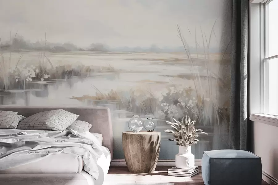 wall murals Textured tranquil landscape with tall grasses and calm water, soft pastel colors, distant trees on the horizon w09213