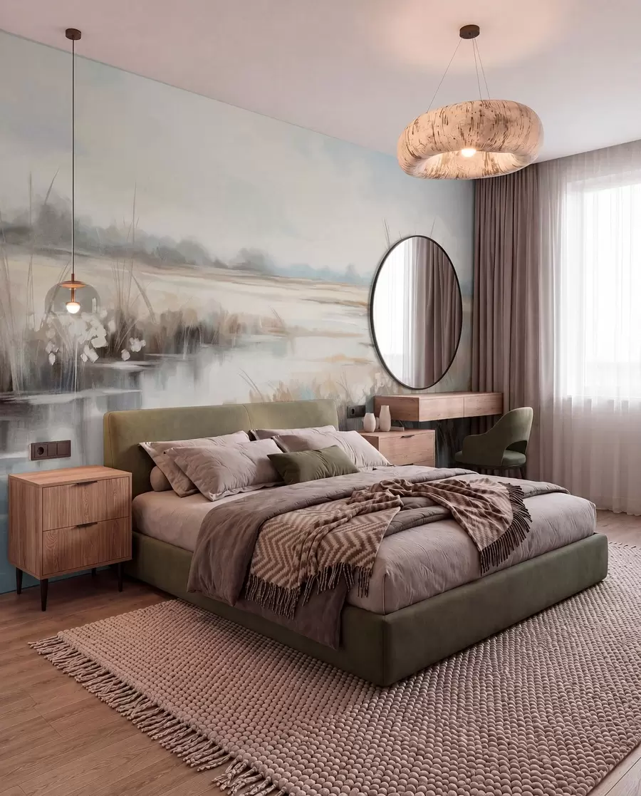 wall murals Textured tranquil landscape with tall grasses and calm water, soft pastel colors, distant trees on the horizon w09213