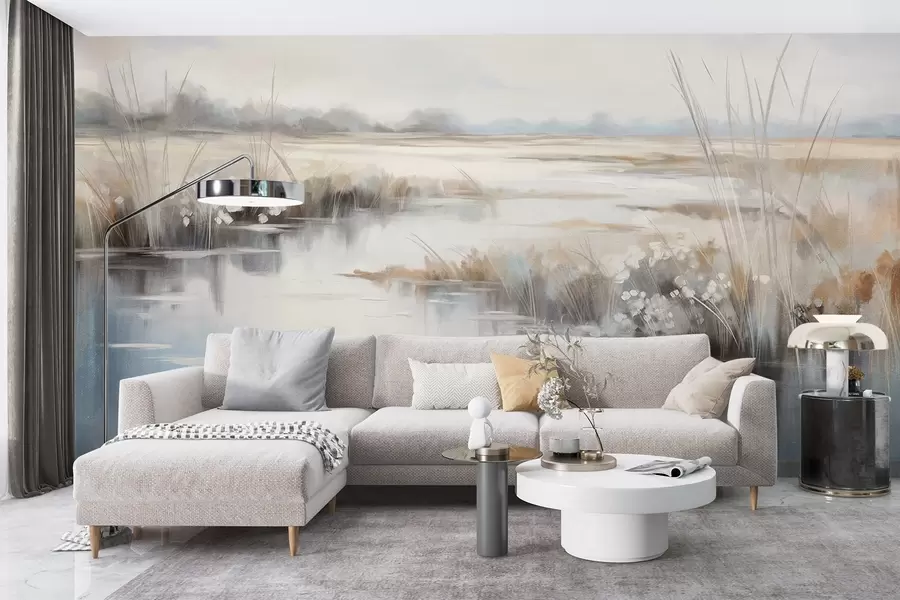 wall murals Textured tranquil landscape with tall grasses and calm water, soft pastel colors, distant trees on the horizon w09213