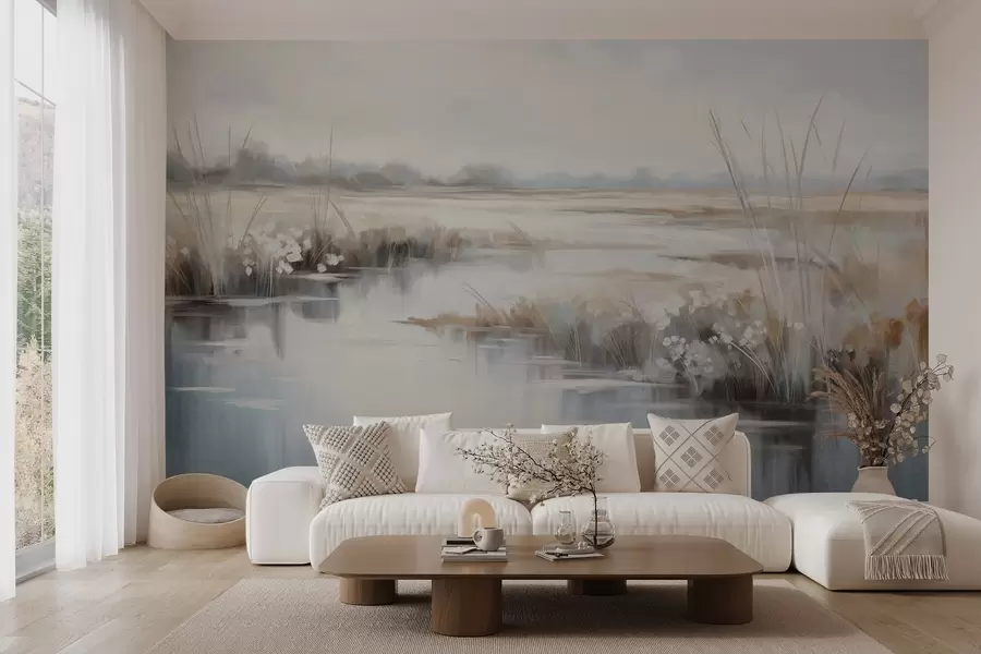 wall murals Textured tranquil landscape with tall grasses and calm water, soft pastel colors, distant trees on the horizon w09213
