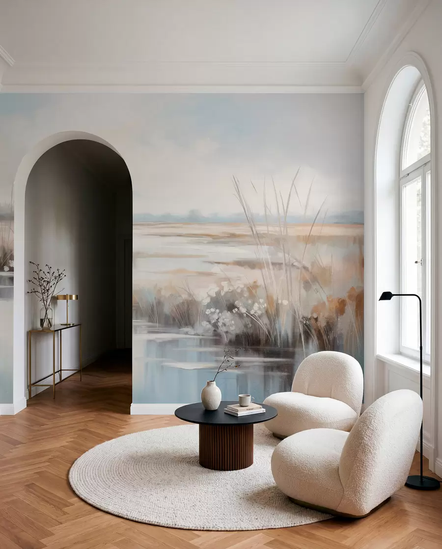 wall murals Textured tranquil landscape with tall grasses and calm water, soft pastel colors, distant trees on the horizon w09213