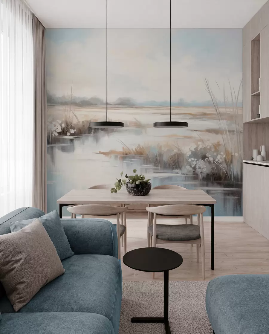 wall murals Textured tranquil landscape with tall grasses and calm water, soft pastel colors, distant trees on the horizon w09213