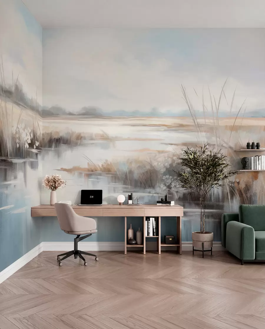 wall murals Textured tranquil landscape with tall grasses and calm water, soft pastel colors, distant trees on the horizon w09213