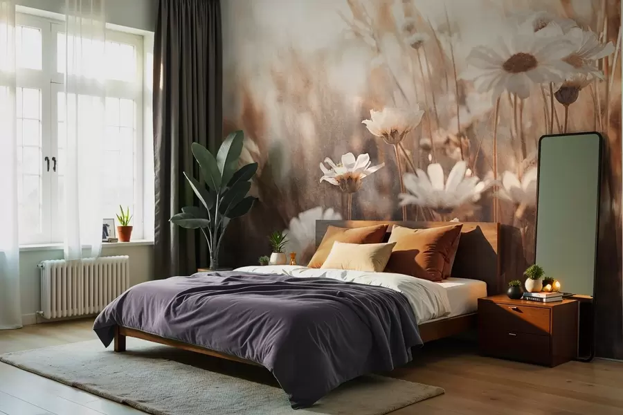 wall murals Textured field of white daisies and wildflowers in warm color palette with blurred background w09214