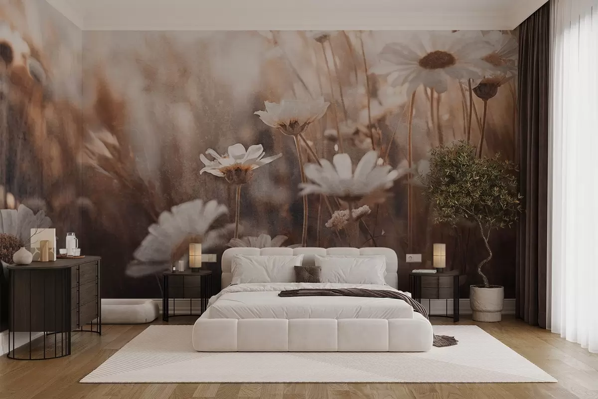 wall murals Textured field of white daisies and wildflowers in warm color palette with blurred background w09214