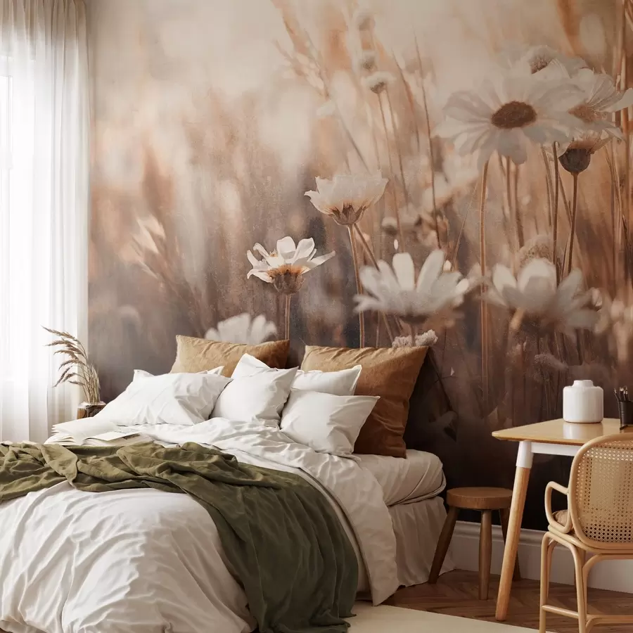 wall murals Textured field of white daisies and wildflowers in warm color palette with blurred background w09214