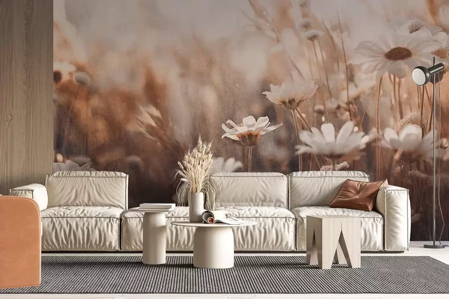 wall murals Textured field of white daisies and wildflowers in warm color palette with blurred background w09214