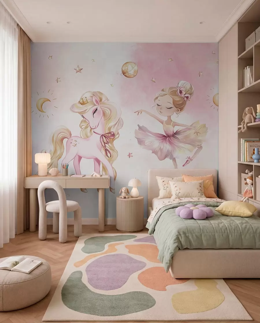 wall murals Unicorn and ballerina in a pink fairy tale, children's story w04196