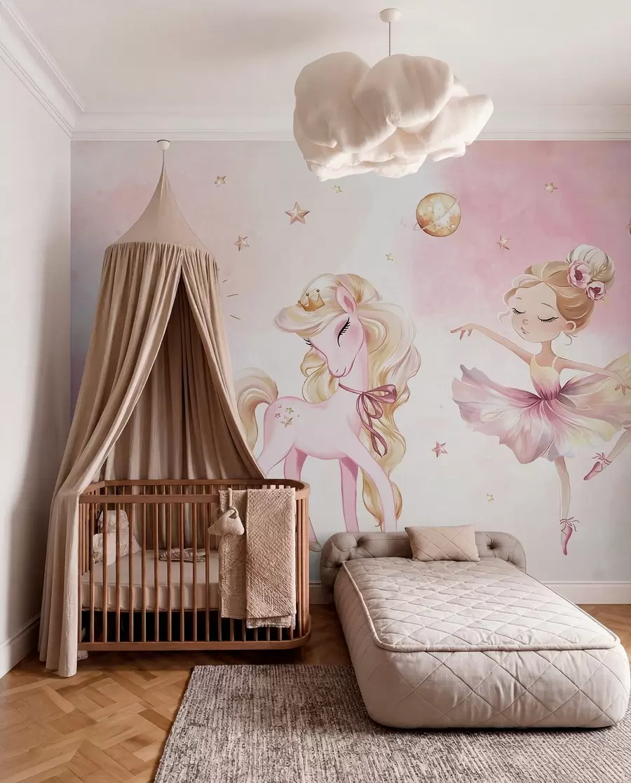 wall murals Unicorn and ballerina in a pink fairy tale, children's story w04196