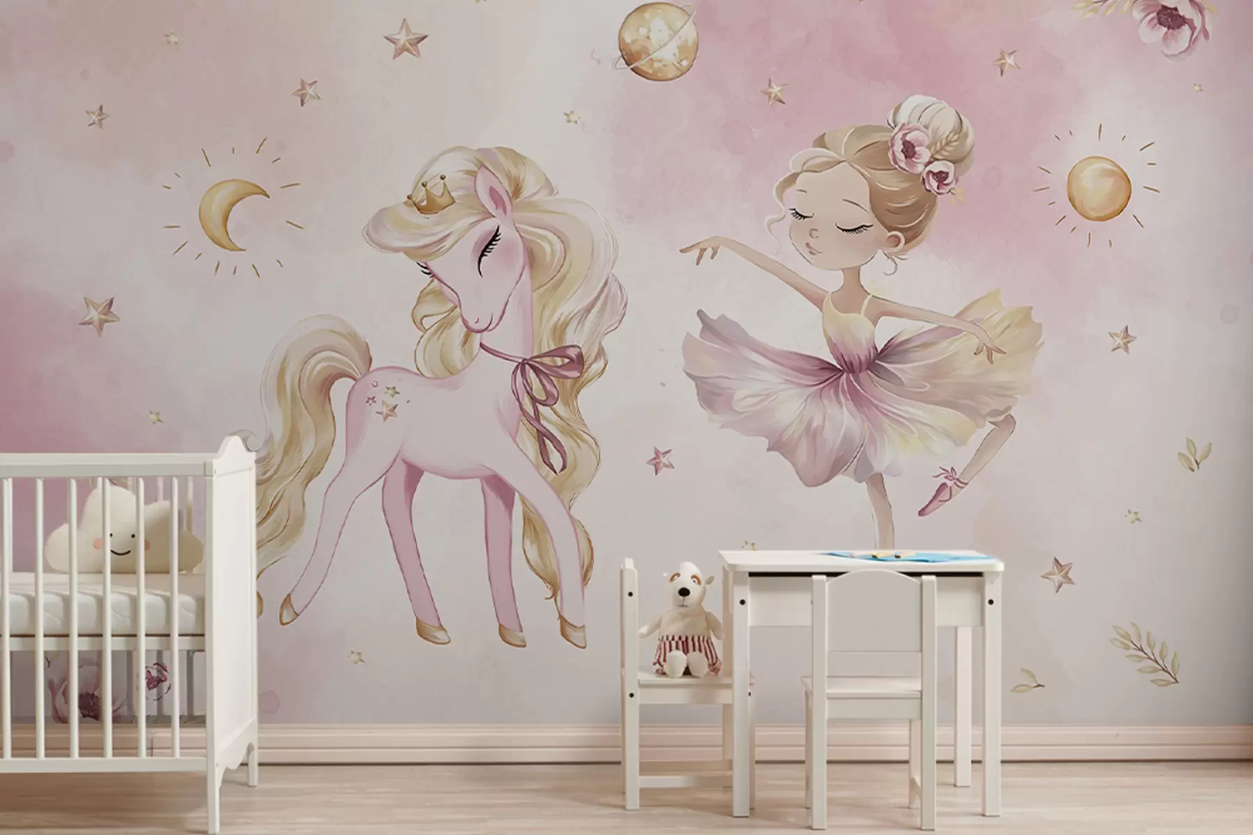 wall murals Unicorn and ballerina in a pink fairy tale, children's story w04196