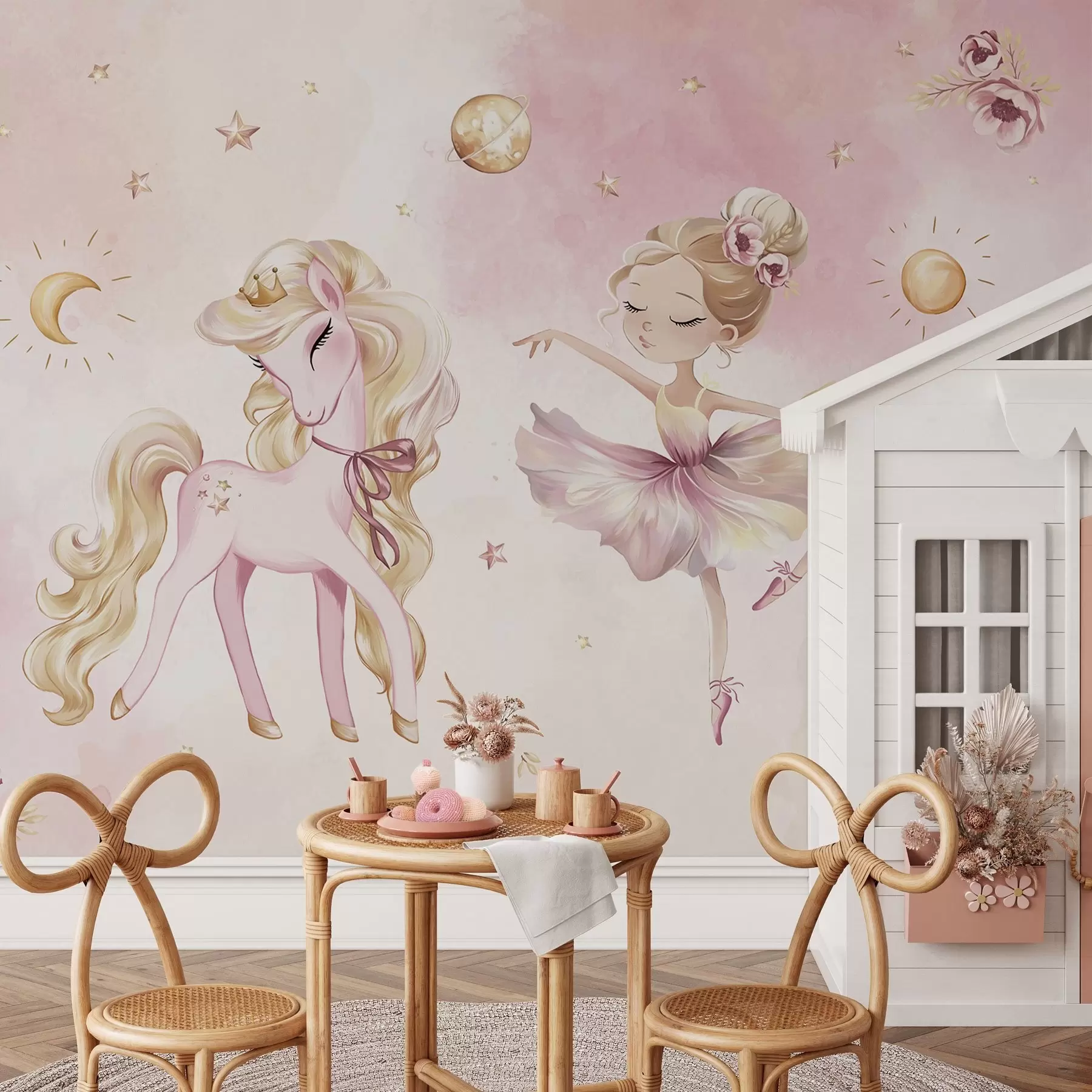 wall murals Unicorn and ballerina in a pink fairy tale, children's story w04196