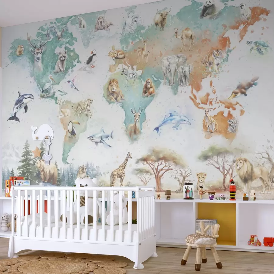 wall murals World map with animals, children's educational illustration style w04148
