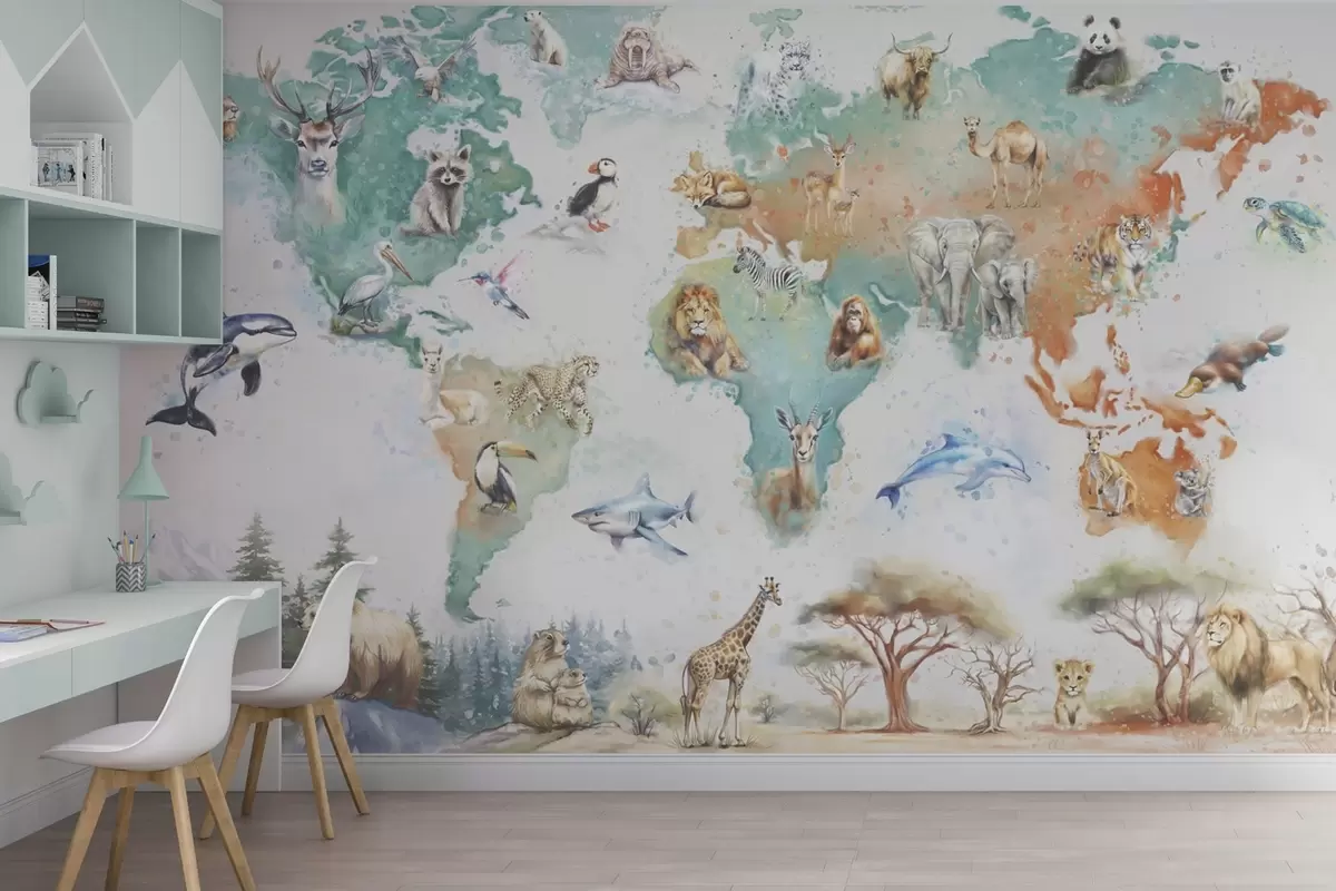 wall murals World map with animals, children's educational illustration style w04148