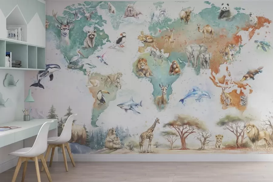 wall murals World map with animals, children's educational illustration style w04148