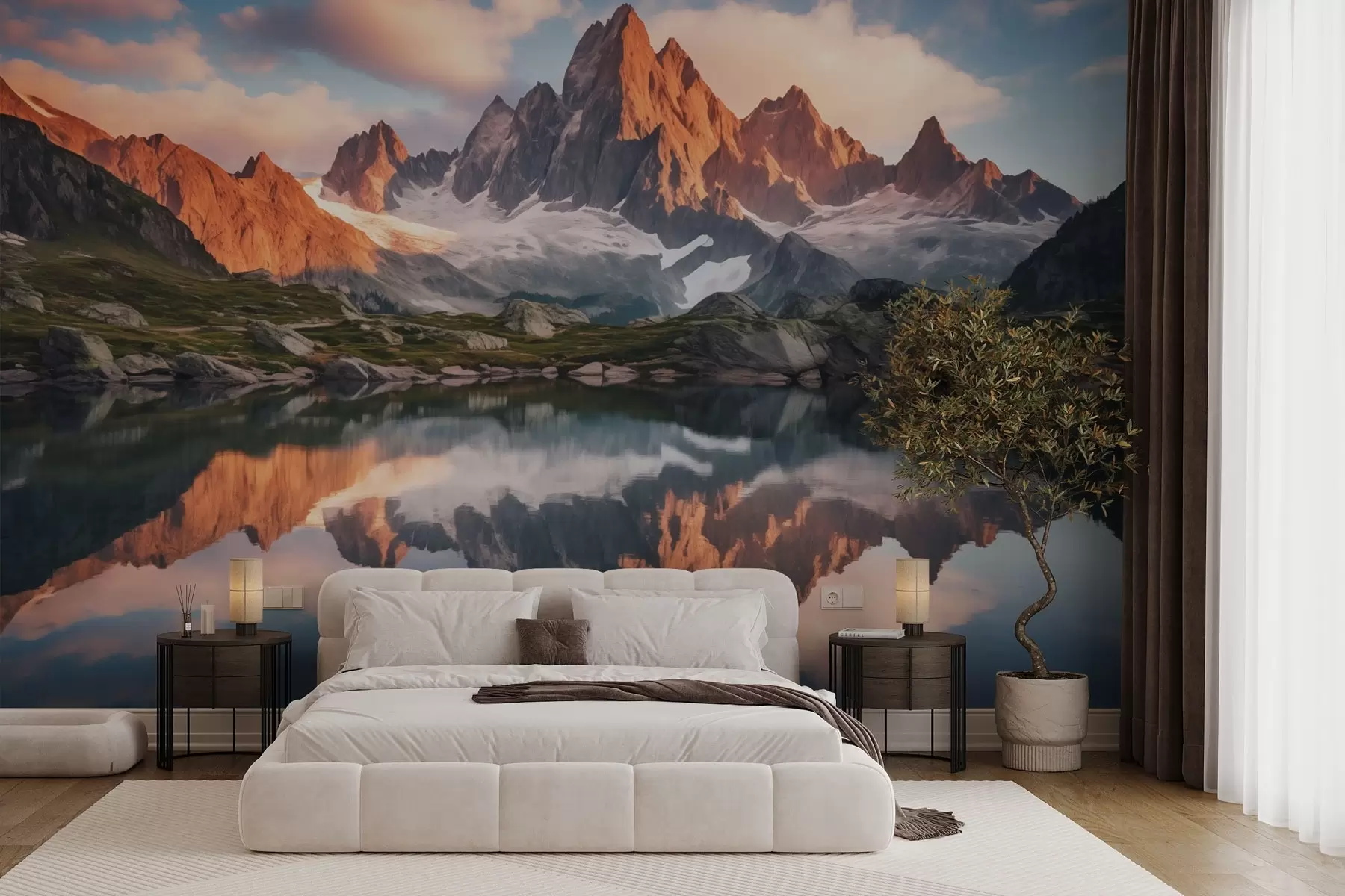 wall murals Mountains at dawn, reflection in water, realistic landscape w04150