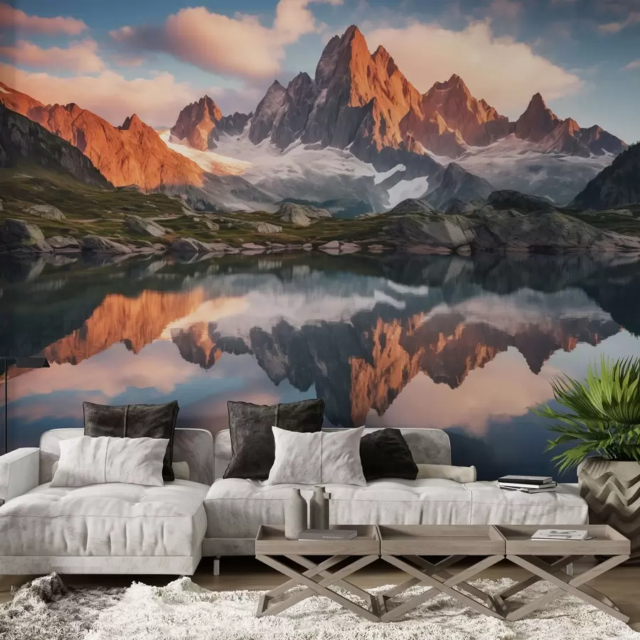 wall murals Mountains at dawn, reflection in water, realistic landscape w04150