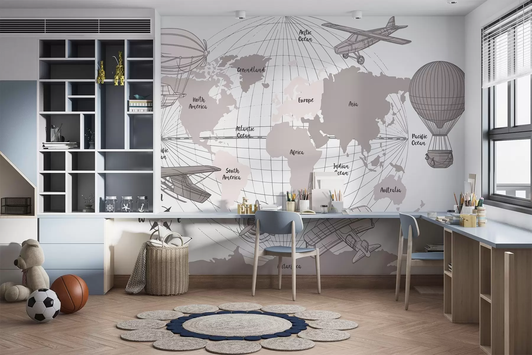 wall murals World map with airplanes w04177
