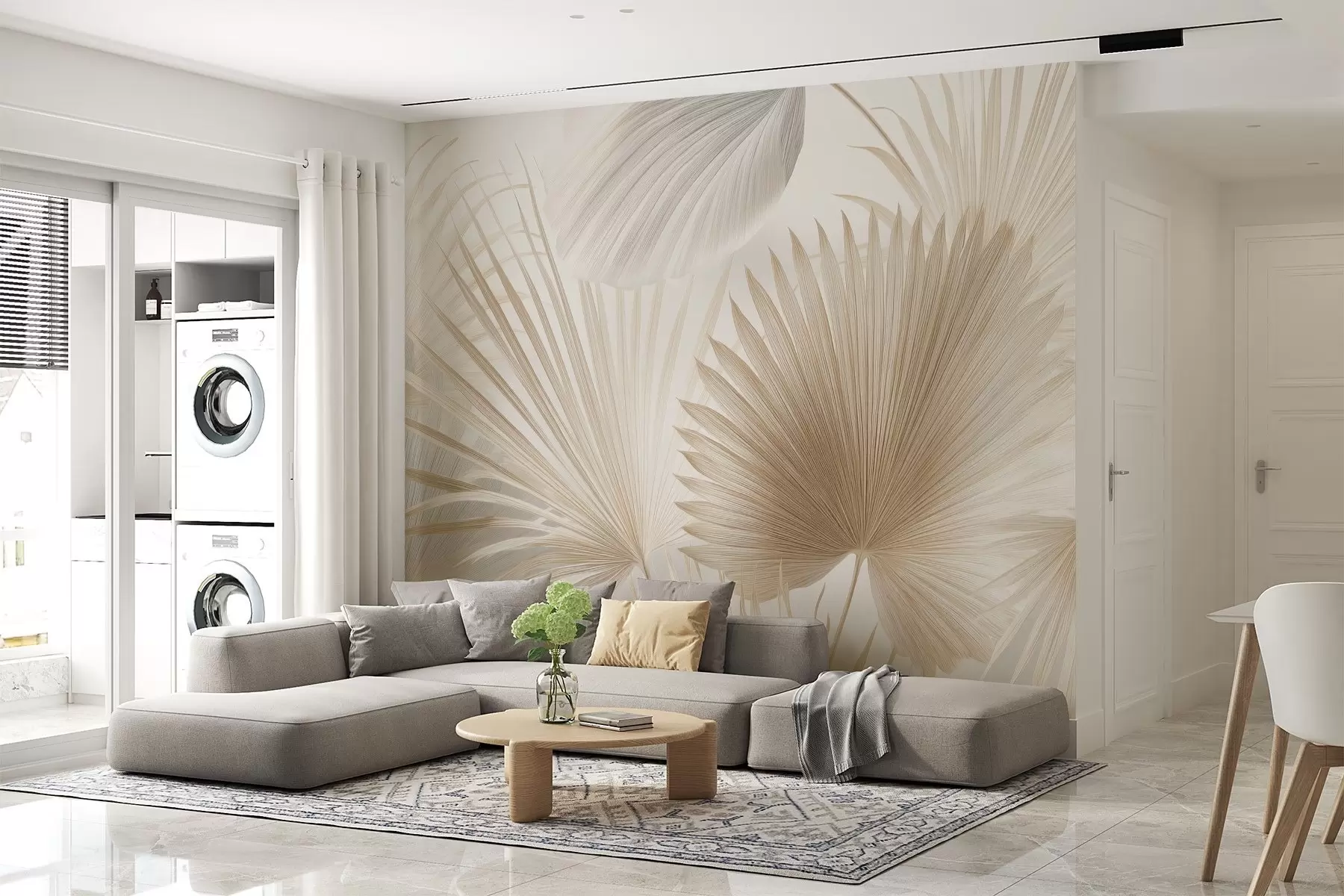 wall murals Soft tropical leaf fans in light beige and bluish tones w09084