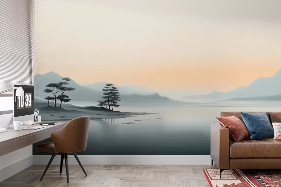 wall murals Minimalist landscape with misty mountains and a lake w09151