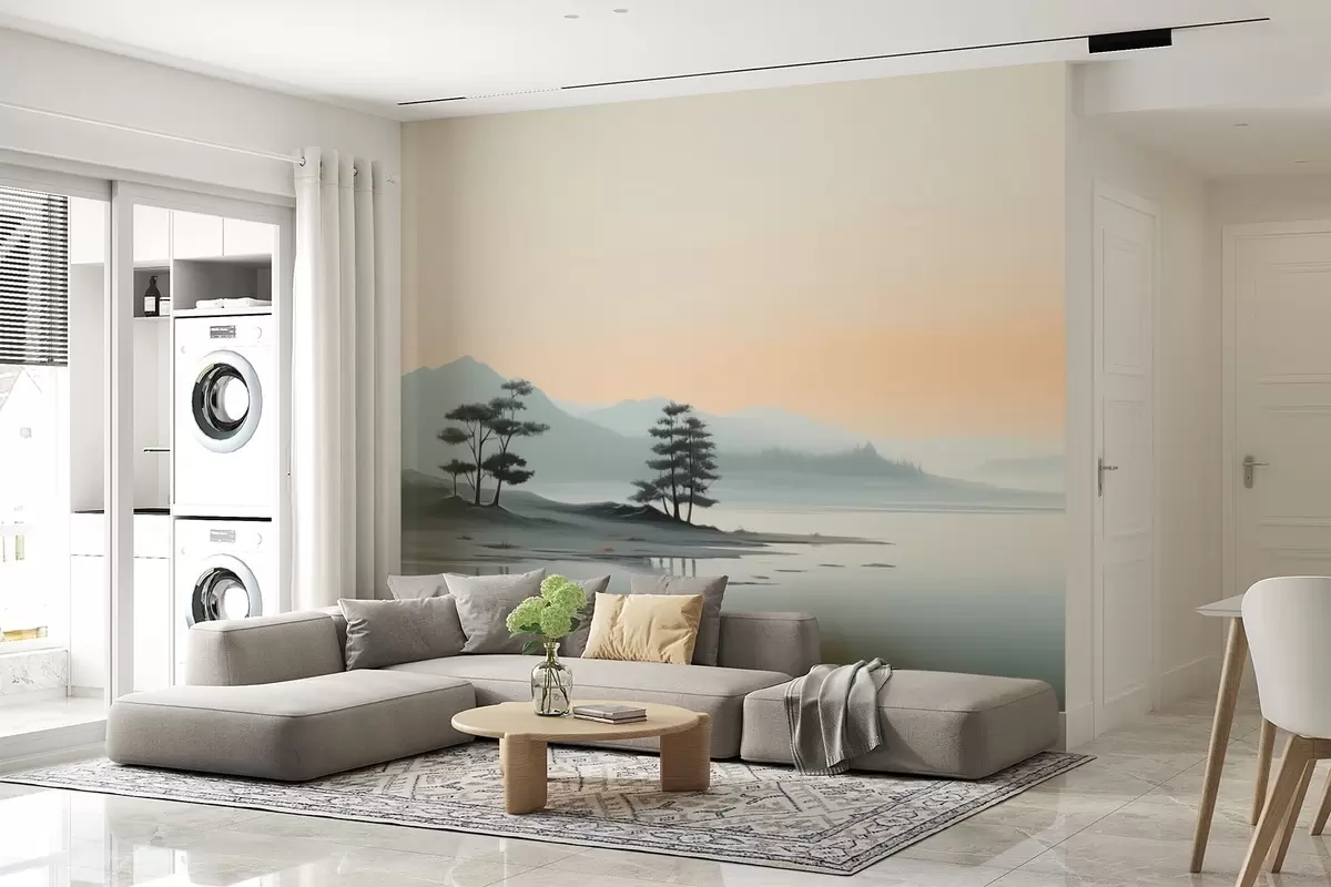 wall murals Minimalist landscape with misty mountains and a lake w09151