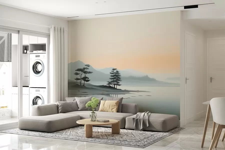 wall murals Minimalist landscape with misty mountains and a lake w09151