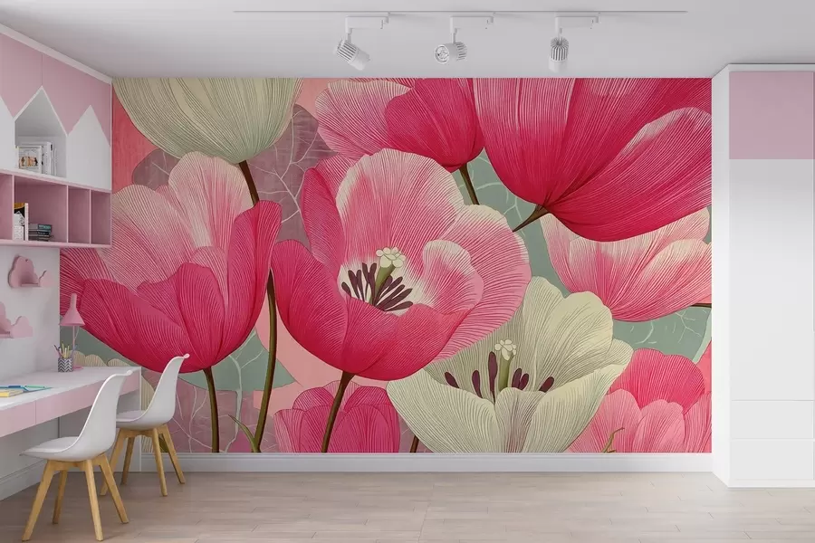 wall murals Vivid poppies with graphic leaves in the background w09152