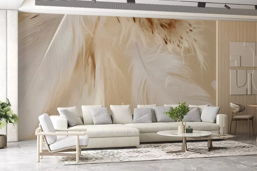 wall murals Light feathers in warm beige and white tones w09153