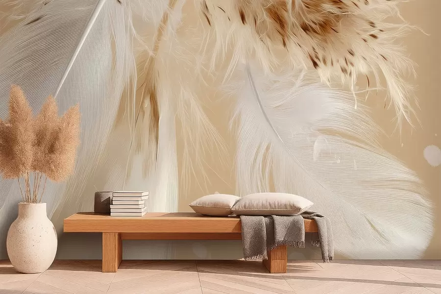 wall murals Light feathers in warm beige and white tones w09153