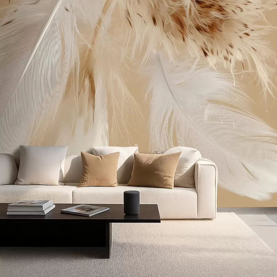 wall murals Light feathers in warm beige and white tones w09153