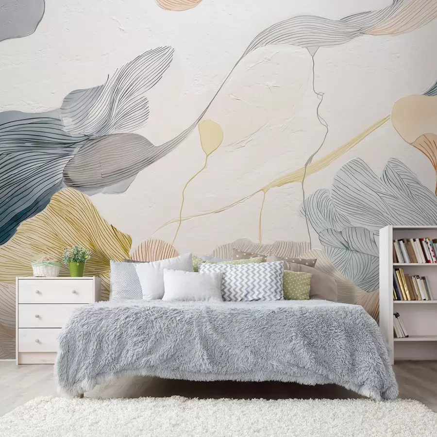 wall murals Abstract graphic leaves in warm and cool pastel tones w09222v1