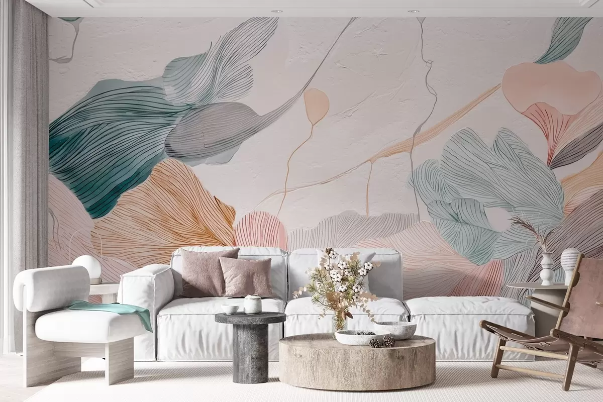wall murals Abstract graphic leaves in warm pastel tones w09222