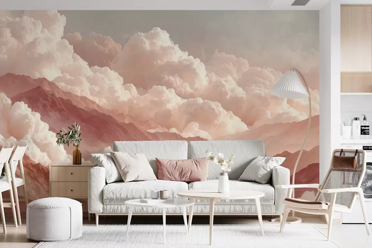 wall murals Warm sunrise over mountains with fluffy clouds w09226