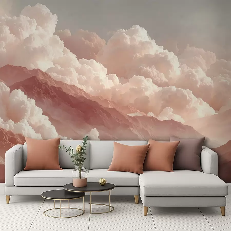 wall murals Warm sunrise over mountains with fluffy clouds w09226