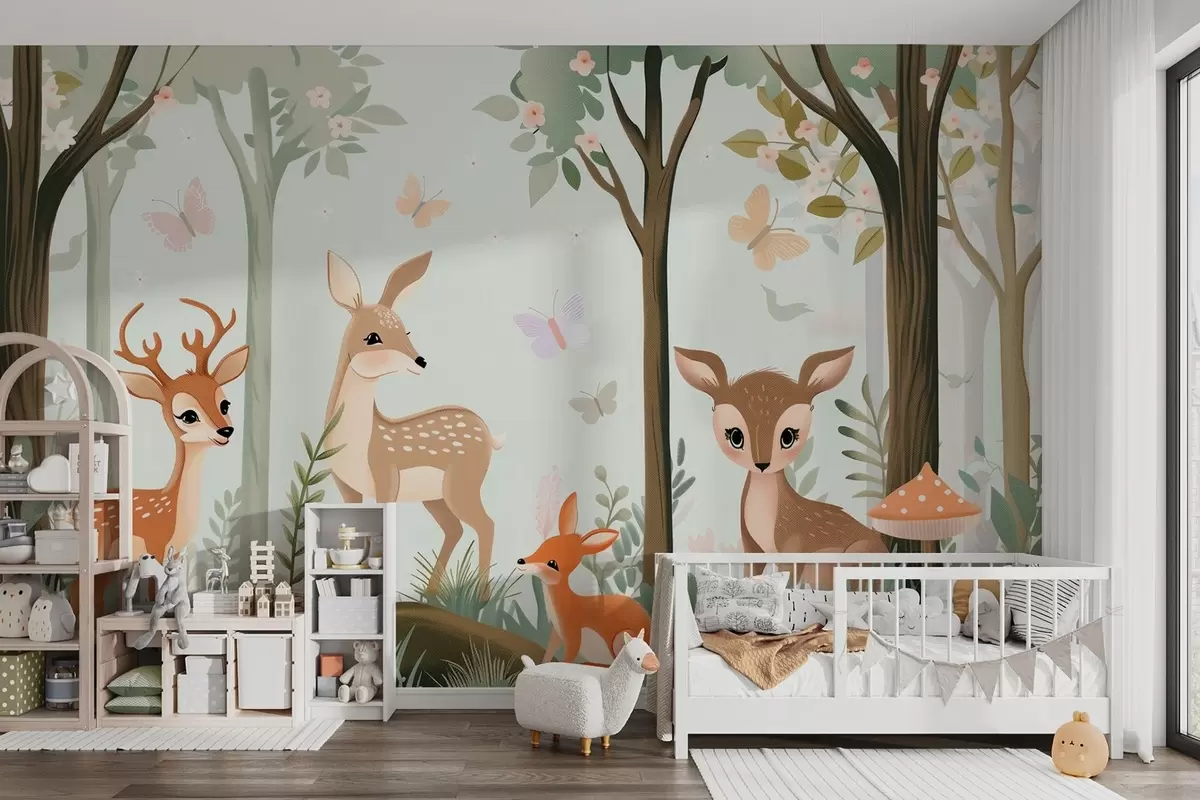 wall murals Whimsical forest animals in green tones w09227