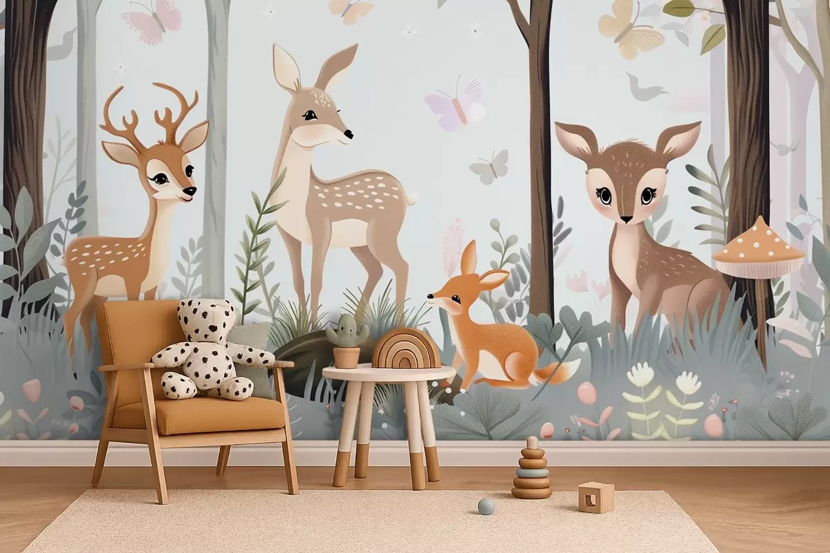 wall murals Whimsical forest animals in blue tones w09227v1