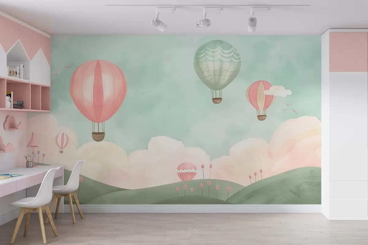 wall murals Hot air balloons over hills with clouds w09228
