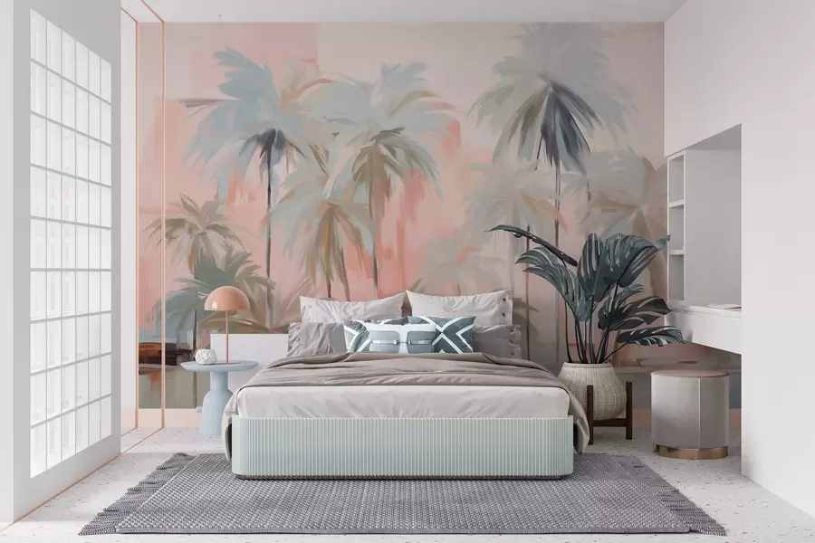 wall murals Abstract minimalistic pastel tropical palm trees, against a background of soft pink and peach hues w09212