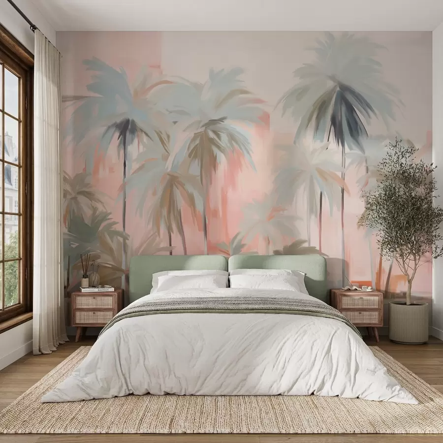 wall murals Abstract minimalistic pastel tropical palm trees, against a background of soft pink and peach hues w09212