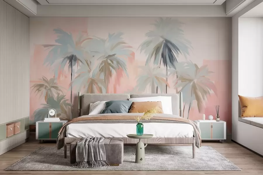 wall murals Abstract minimalistic pastel tropical palm trees, against a background of soft pink and peach hues w09212